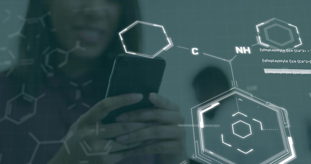 Girl Using Smartphone with Digital Chemical Formulas Overlay
