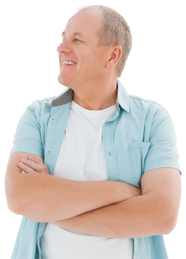 Transparent Happy Older Man Smiling with Arms Crossed