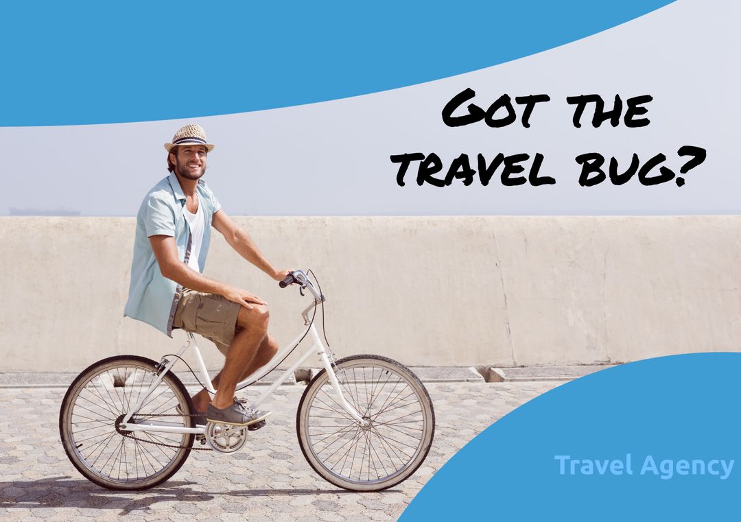 Smiling Man Riding Bicycle with Travel Theme Overlay
