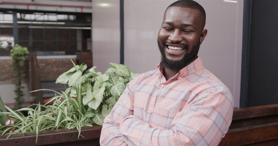 Smiling African Man with Beard in Casual Shirt at Indoor Plant Arrangement - Free Images, Stock Photos and Pictures on Pikwizard.com