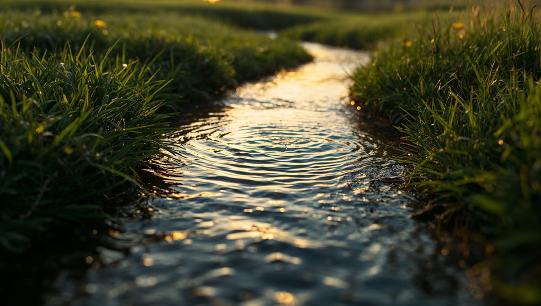 Sunlit Stream Reflects Golden Light in Tranquil Meadow Landscape