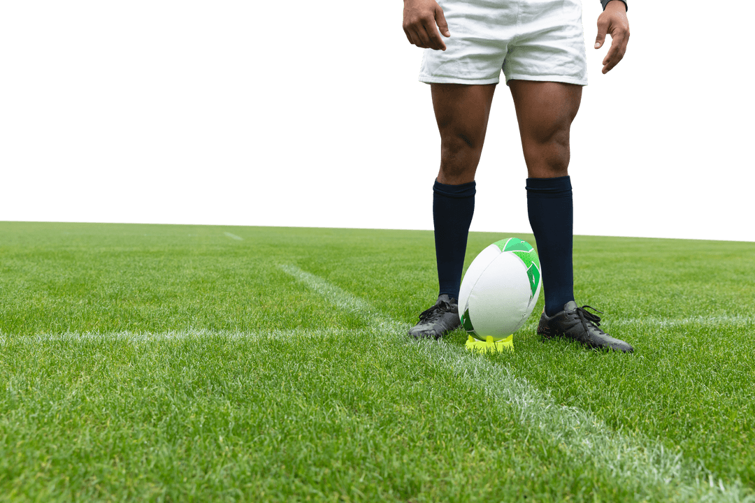 Rugby Player Stands Ready on Field with Ball Wearing White Shorts