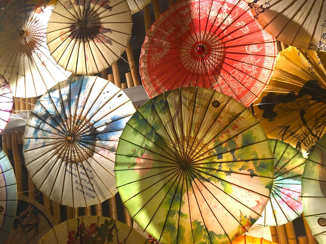 Colorful Traditional Asian Umbrellas Hanging in Ceiling Display - Free Images, Stock Photos and Pictures on Pikwizard.com