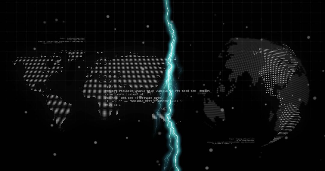 Dotted World Map with Futuristic Lightning Software Code Graphics