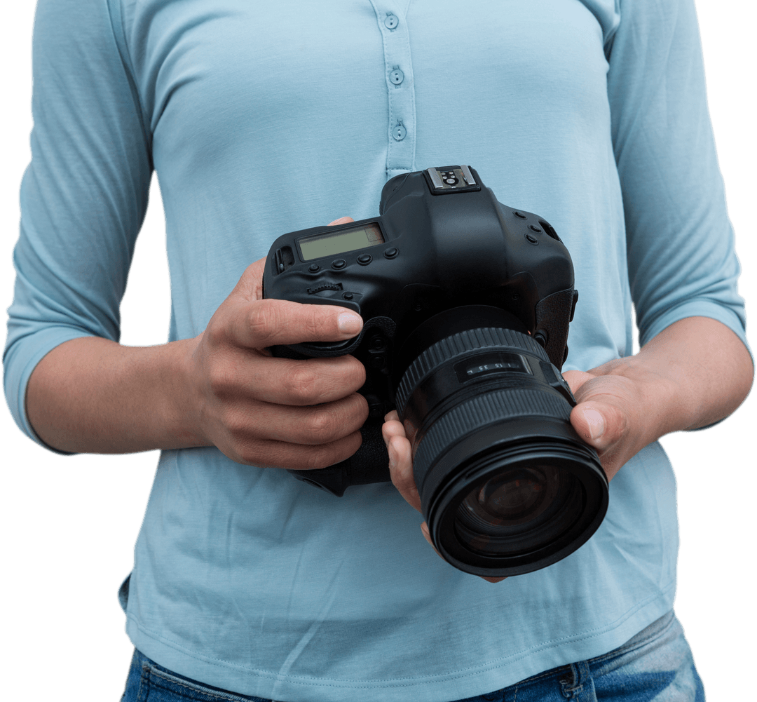 Female Photographer Holding a High-End Camera on Transparent Background