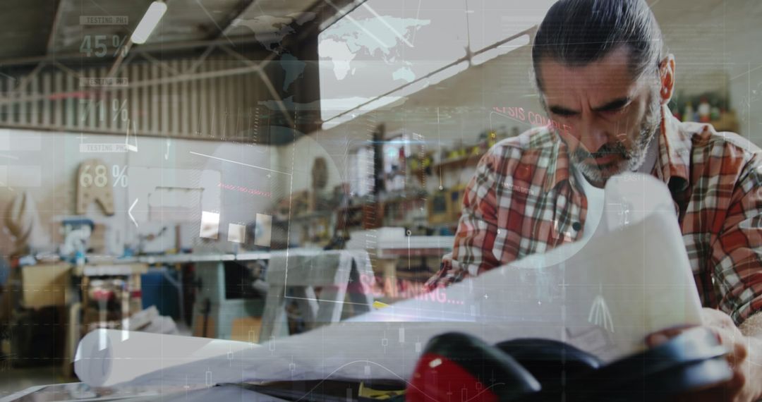 Focused Carpenter Analyzing Blueprints in Workshop with Digital Overlays