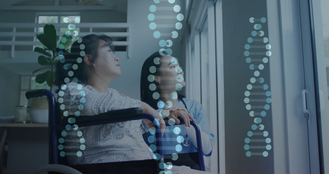 Doctor with Wheelchair-bound Patient Overlaid with DNA Helix