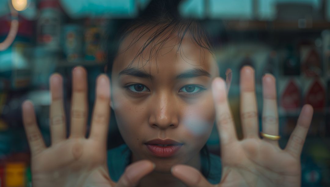 Young woman pressing hands to storefront glass with reflections, intense closeup portrait