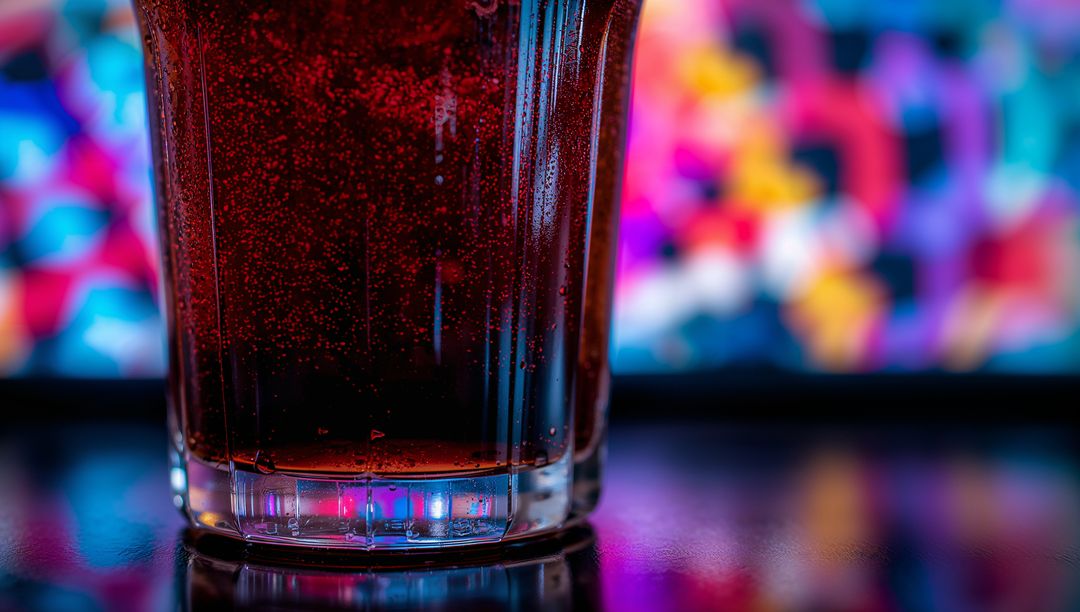 Backlit Cola Tumbler Closeup with Rising Bubbles and Vivid Colorful Bokeh Reflection