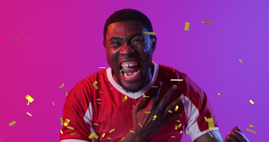 Celebrating Soccer Player with Confetti on Vibrant Background