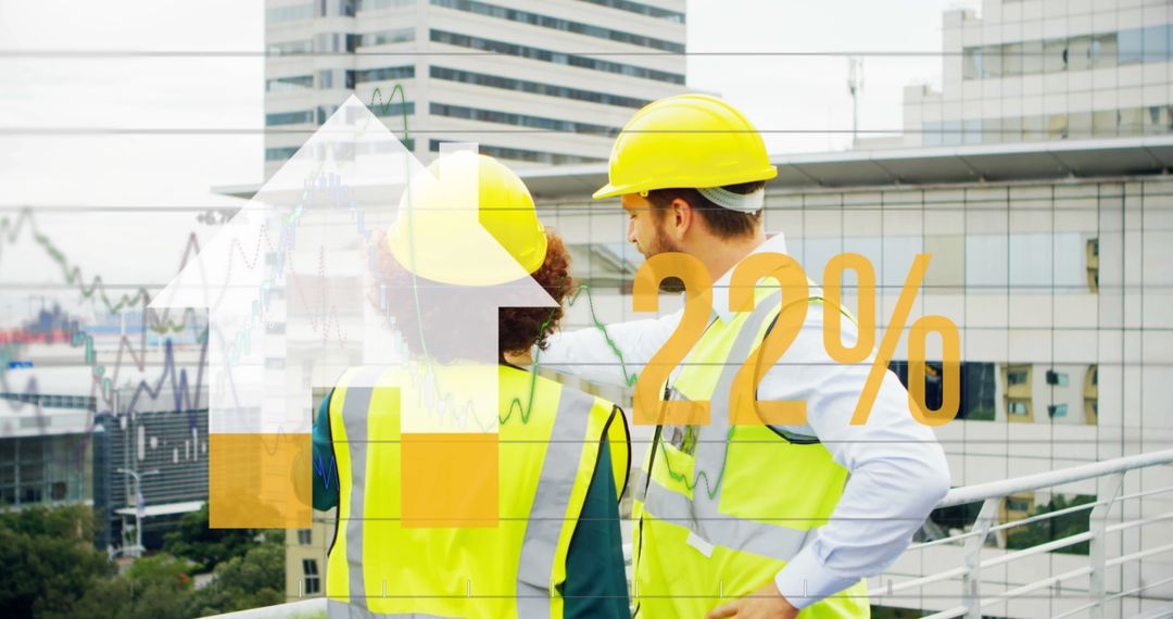 Engineers Assessing Project Progress on Rooftop with City View