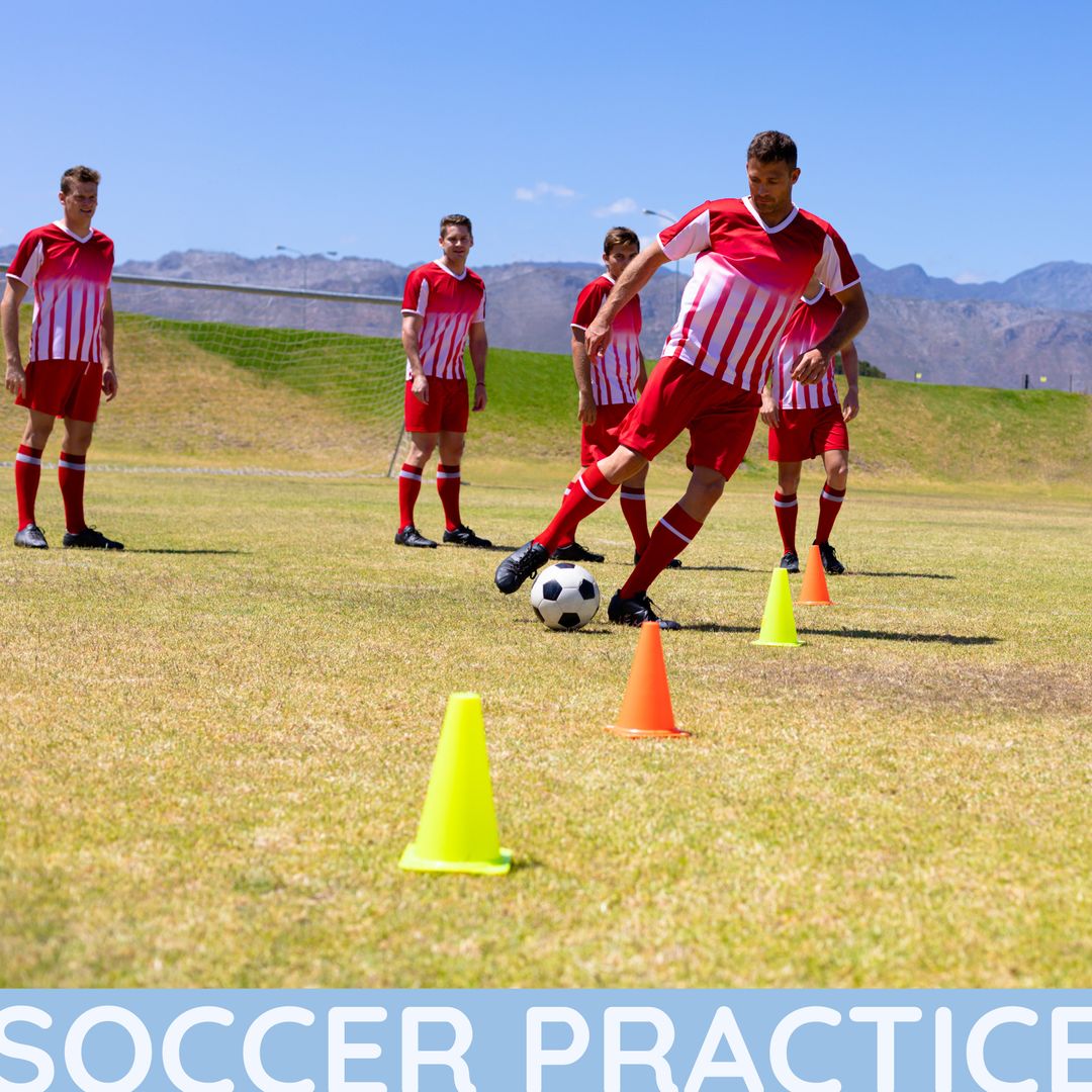 Team of Men Practicing Soccer on Field with Training Cones - Download Free Stock Templates Pikwizard.com