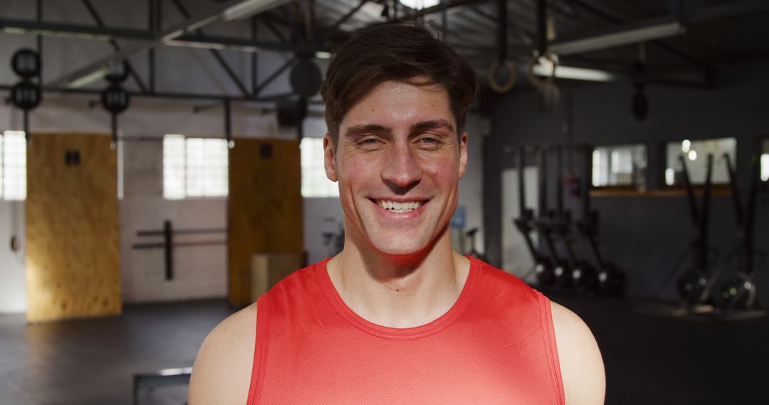 Confident Man Smiling in Gym Wearing Red Tank Top - Free Images, Stock Photos and Pictures on Pikwizard.com