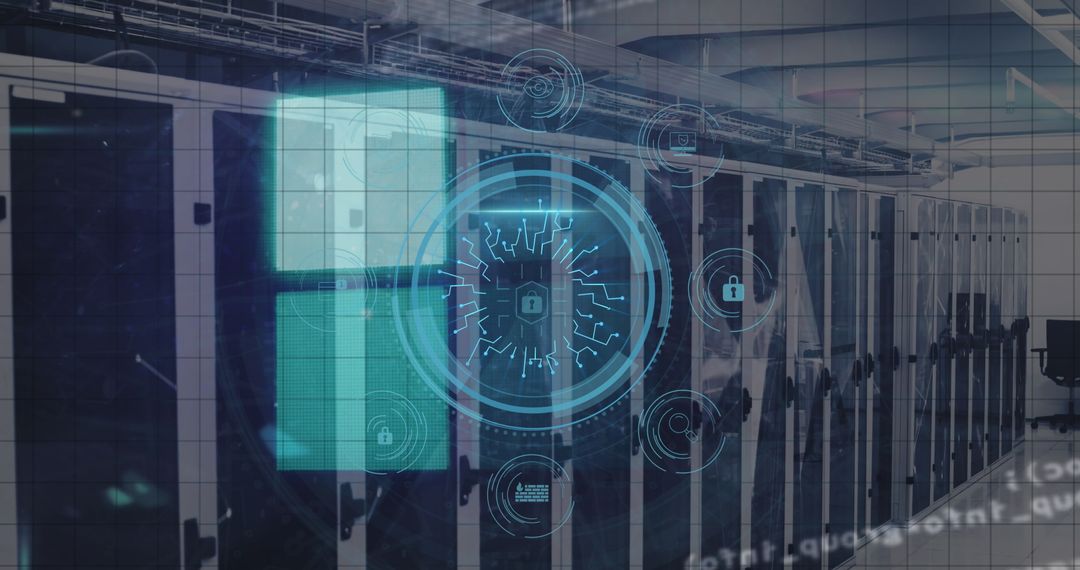 Cybersecurity Digital Interface Overlaying Modern Server Room