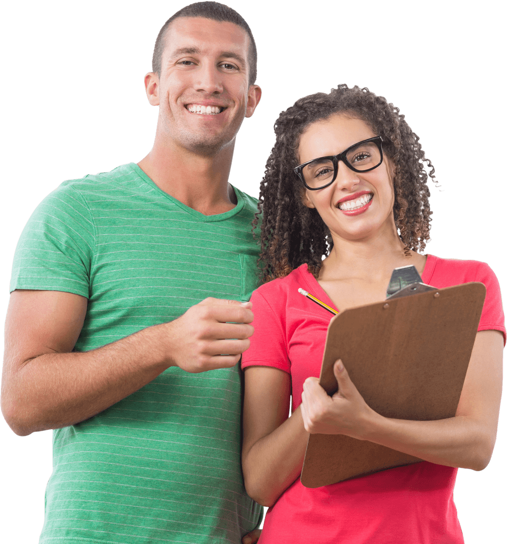 Diverse Colleagues Smiling with Clipboard in Hand on Transparent Background