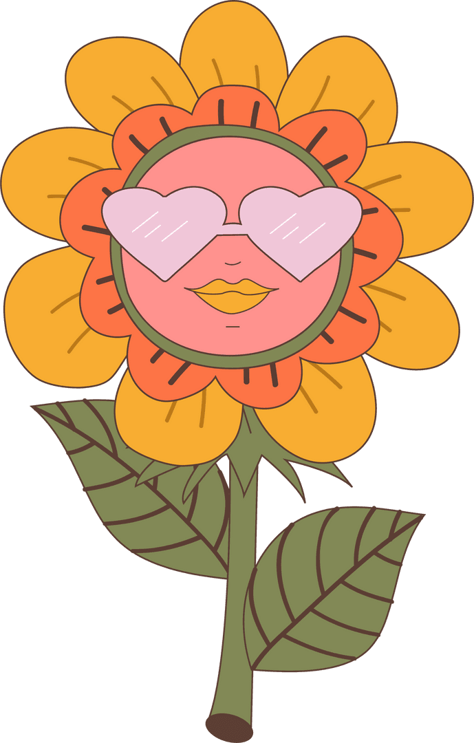 Whimsical Flower Face with Heart Sunglasses on Transparent Background