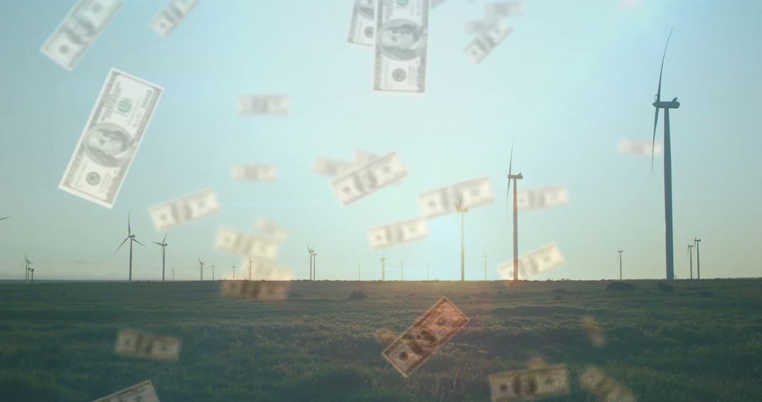 Falling Dollar Bills Amidst Wind Turbines in Field