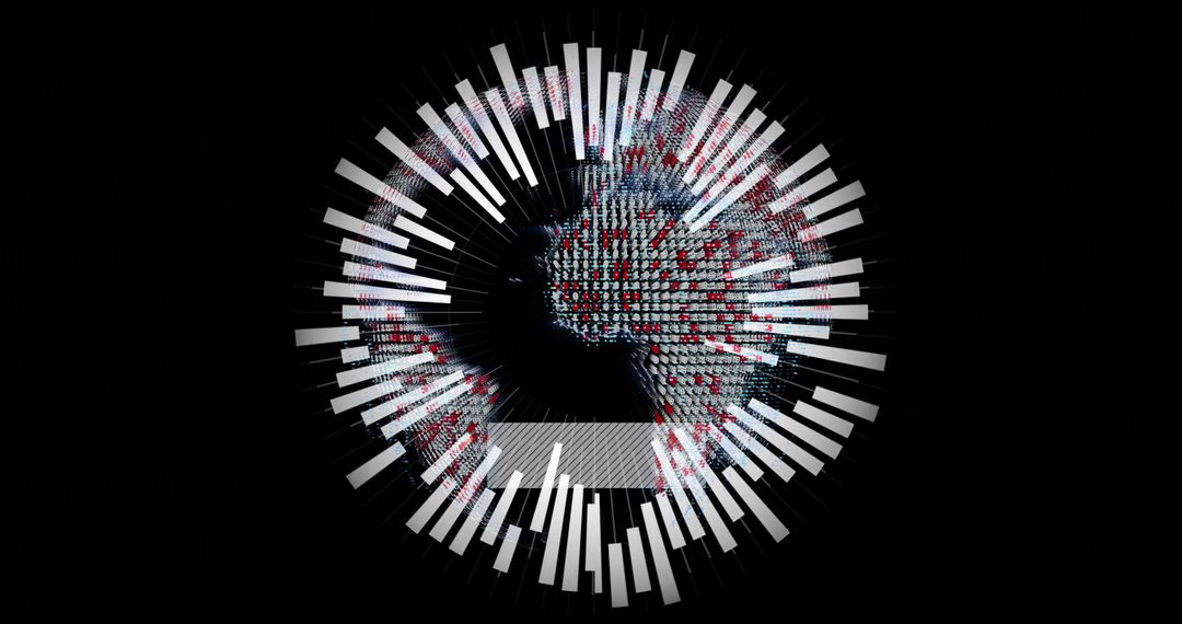 Futuristic Digital Globe with Radiating Bars and Pixel Clusters
