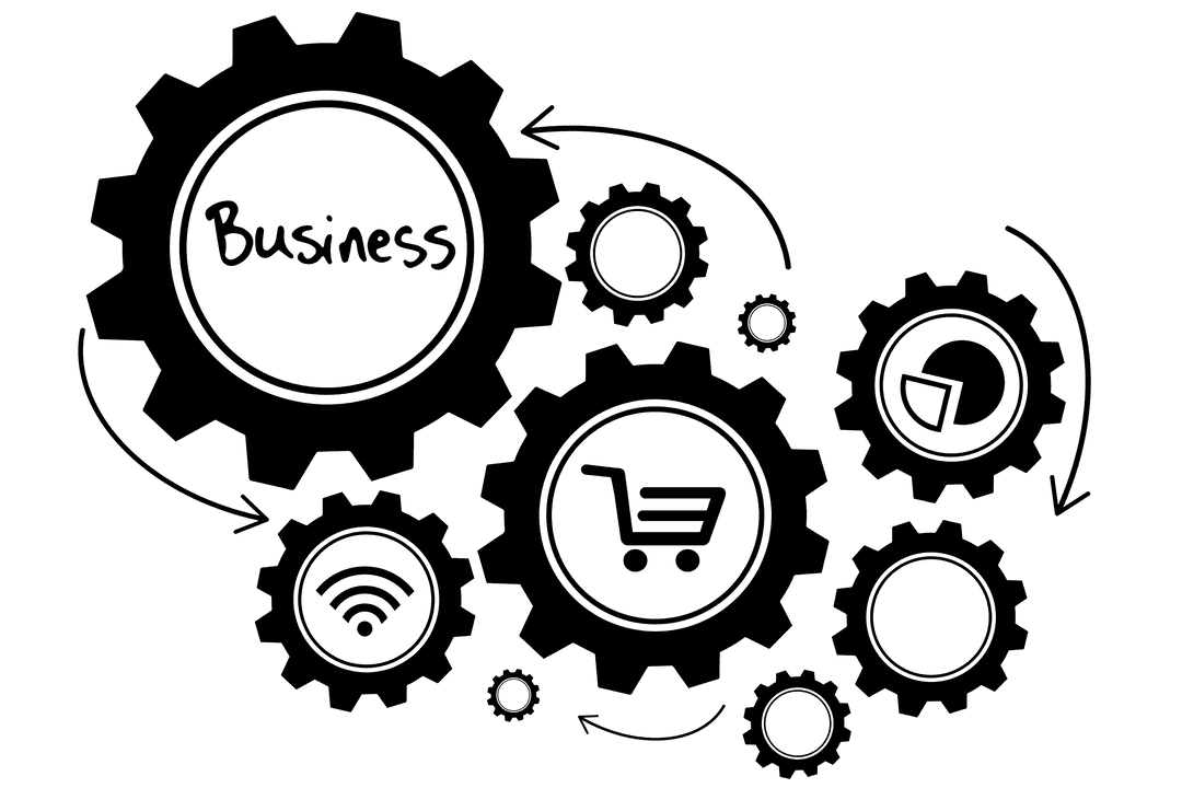 Transparent Business Strategy with Gear Symbols and Icons