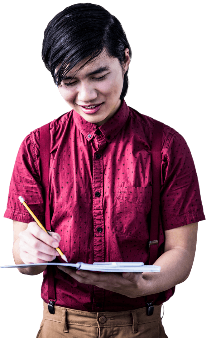 Smiling Young Man in Suspenders Takes Notes on Tablet Transparent Background