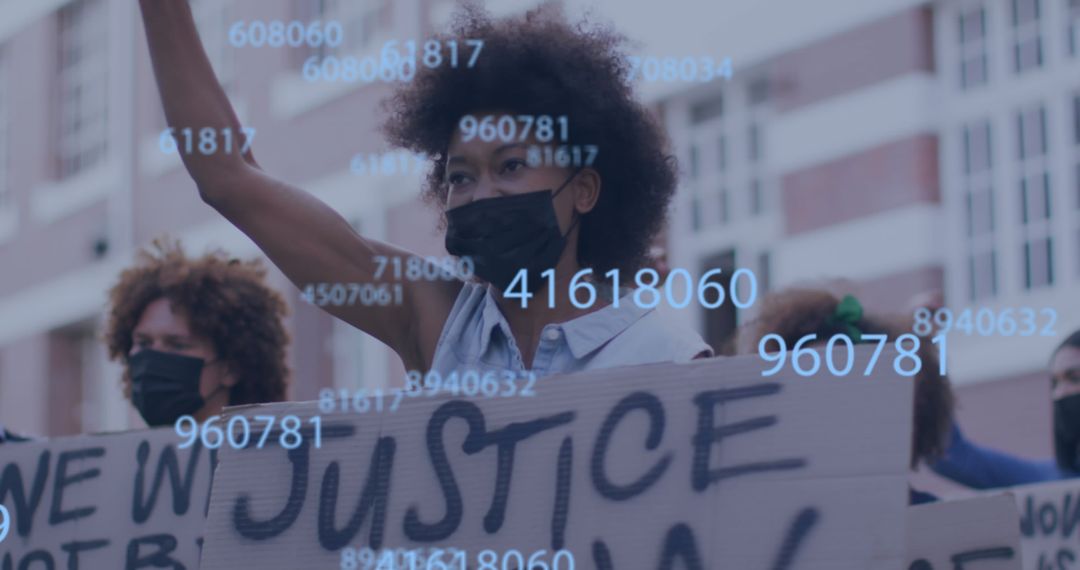 Diverse Protesters Wearing Masks With Overlaying Numbers