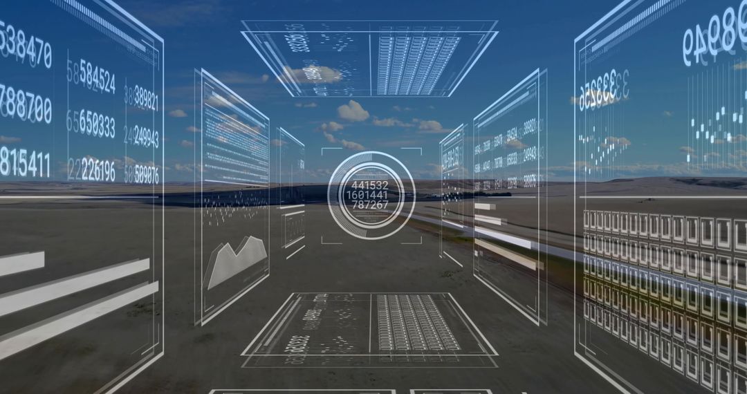 Holographic Interface Displaying Data Over Desolate Landscape