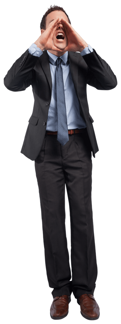 Caucasian Businessman Shouting Idea or News Transparently