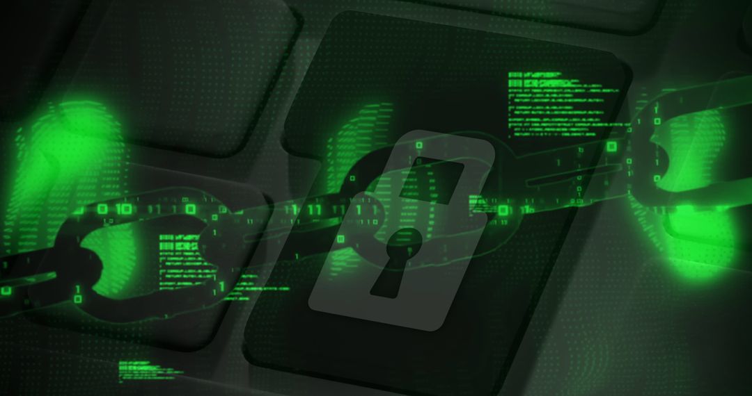 Glowing Green Cybersecurity Chain and Lock with Digital Security Themes