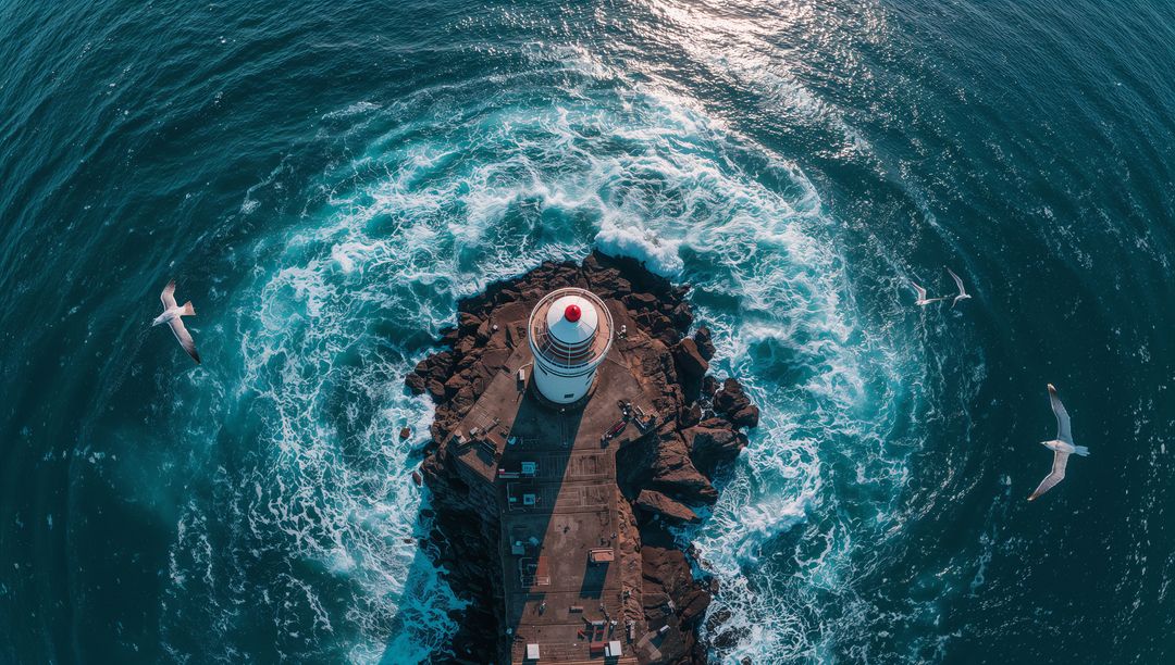 Aerial lighthouse on rocky outcrop with swirling ocean, crashing waves and circling seagulls