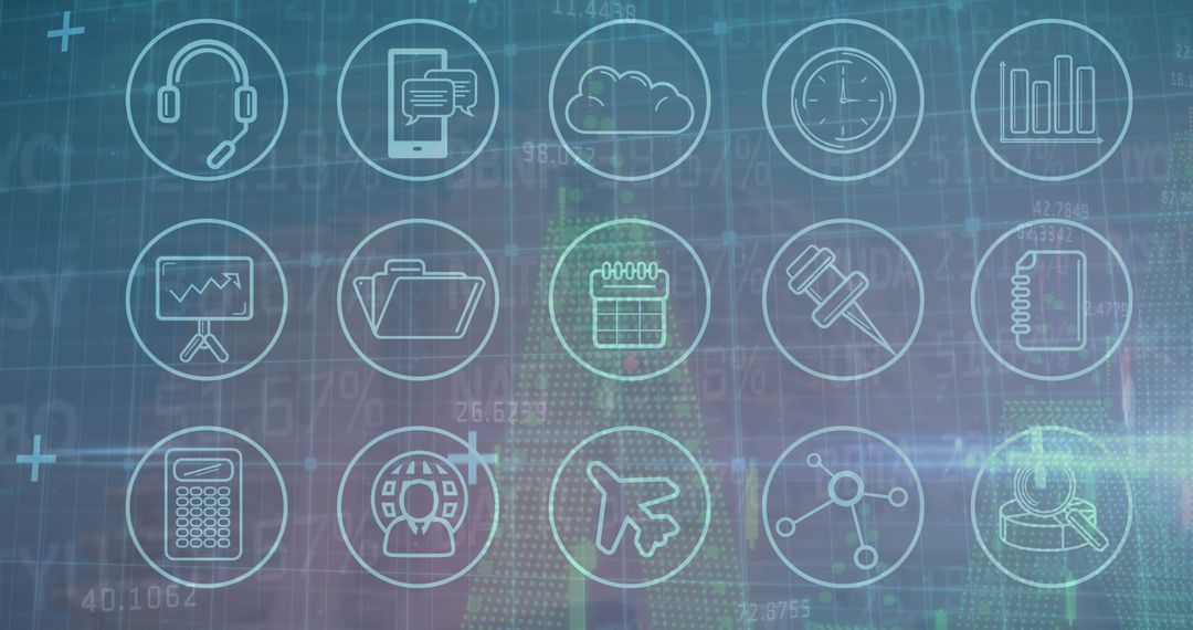Digital Interface Icons Overlaying Futuristic Cityscape Background