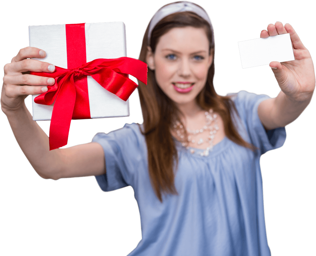 Joyful Woman Presenting Gift Box with Red Ribbon and Blank Card