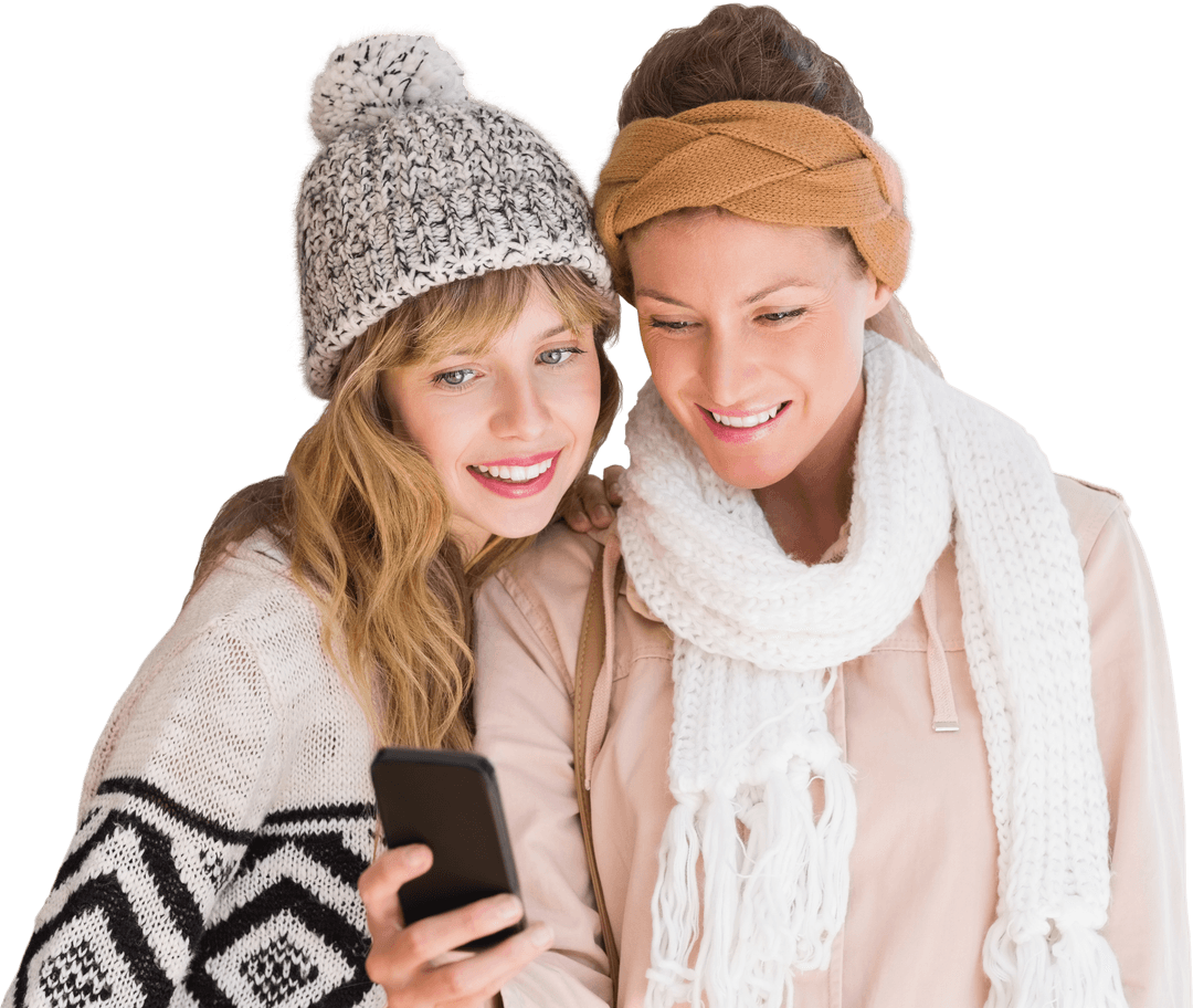 Two Friends in Winter Wear Capturing Fun Moment with Smartphone on Transparent