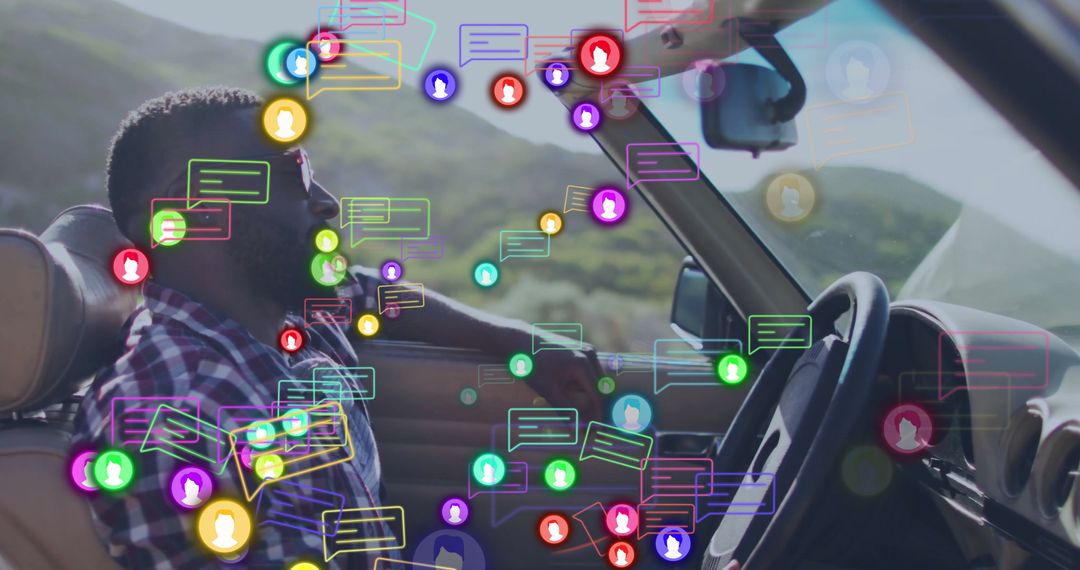 Man in Convertible Car Sees Social Media Alerts on Drive