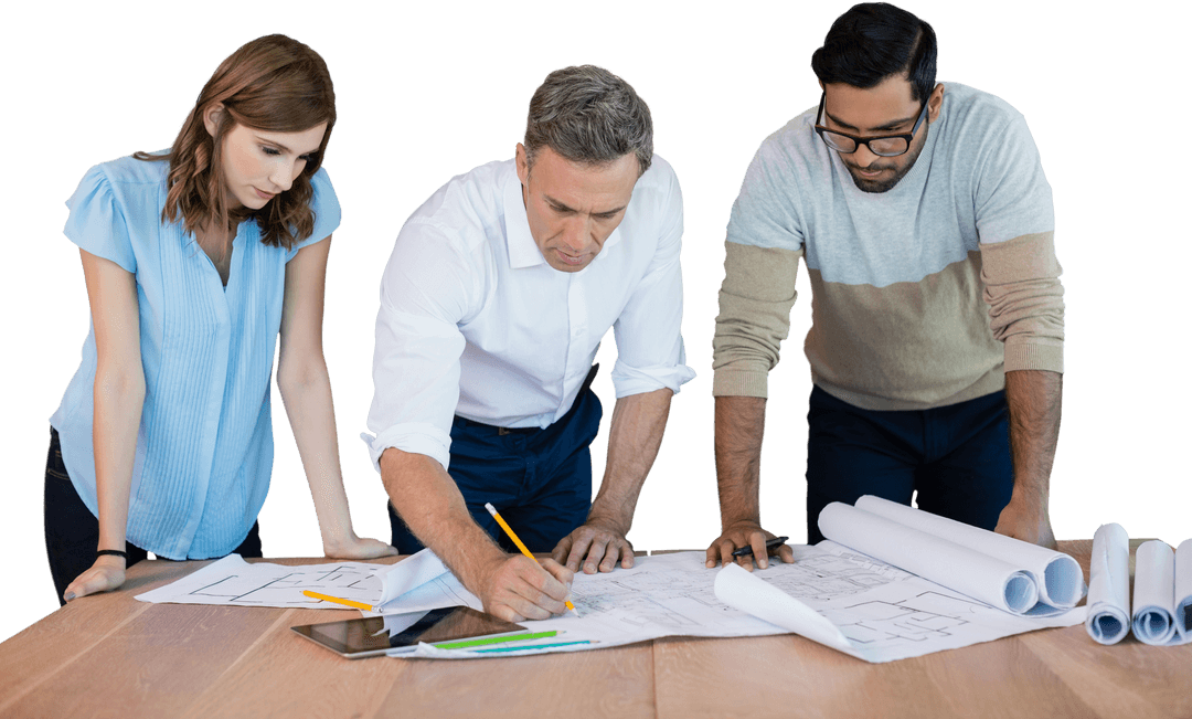 Transparent Team Collaborating on Architectural Blueprint Plans