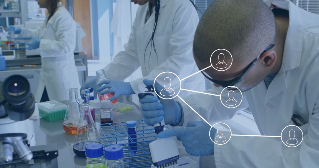 Diverse Scientists Analyzing Data with Digital Connections Overlay