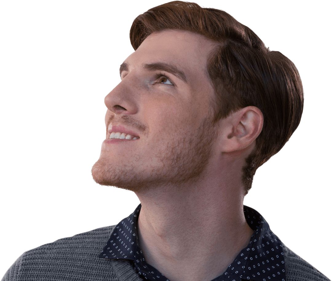 Young Male Executive Looking Upward Worshipfully on Transparent Background