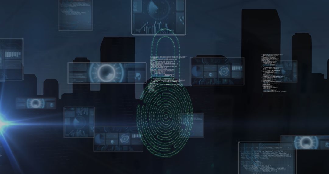 Holographic Fingerprint with Futuristic Data Panels in Nighttime Cityscape