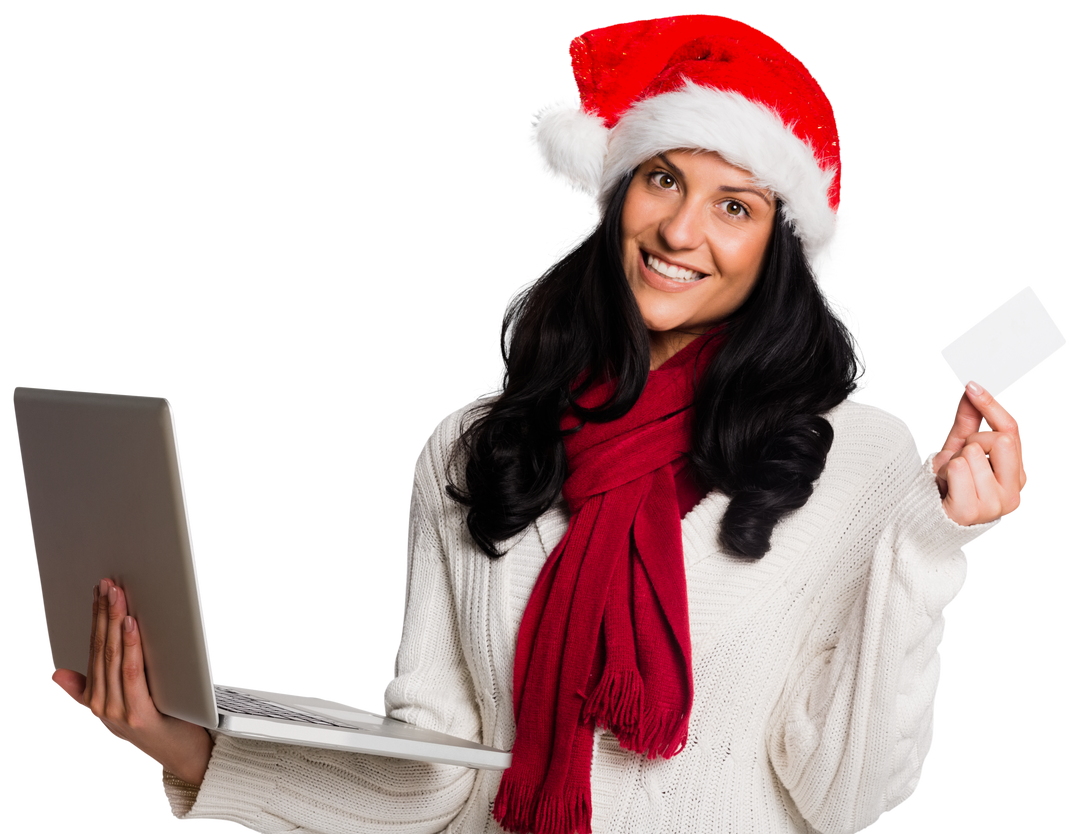 Smiling Woman in Santa Hat Holding Laptop and Credit Card Transparent Background - Download Free Stock Images Pikwizard.com