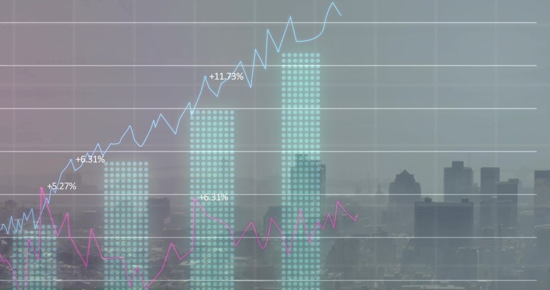 Rising Data Trends in Urban Landscape with Translucent Chart Overlay