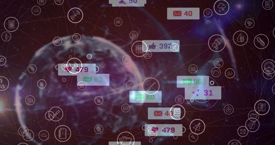 Global Digital Network with Social Media Icons and Interconnected Data