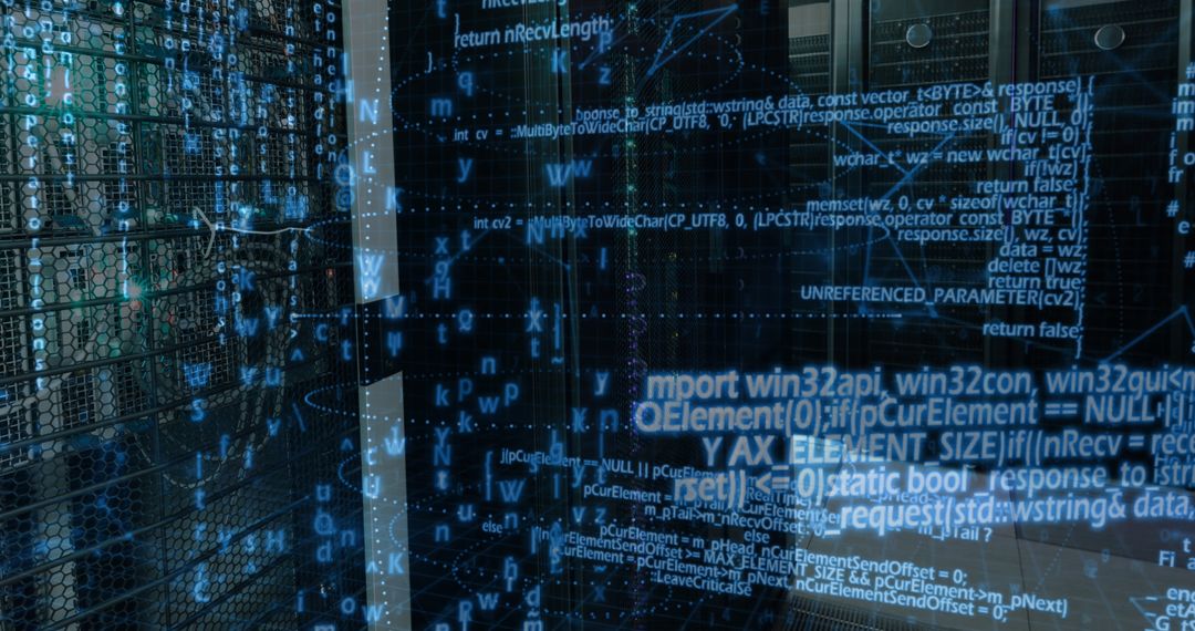 Futuristic Data Processing with Digital Display in Server Room