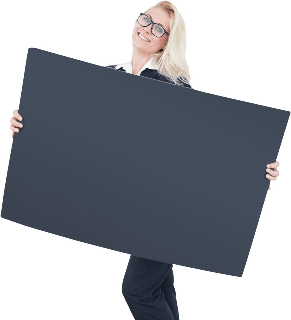 Smiling Businesswoman Holding Blank Blackboard on Transparent Background