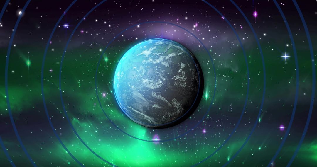 Digital Planet Surrounded by Concentric Circles Against Space Background