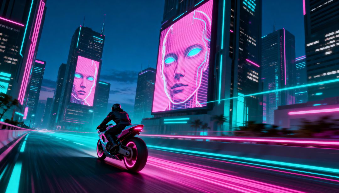 Neon Cyberpunk Motorcyclist Racing Through Futuristic Cityscape with Giant AI Billboard