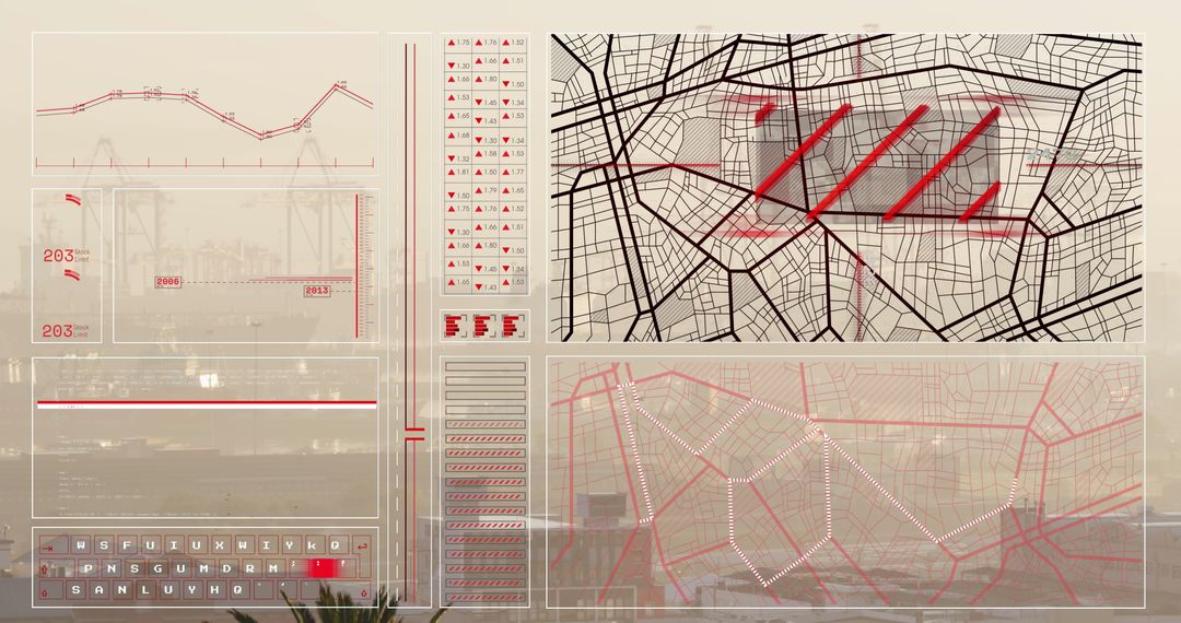High-Tech Data Processing Interface with Cityscape Overlay