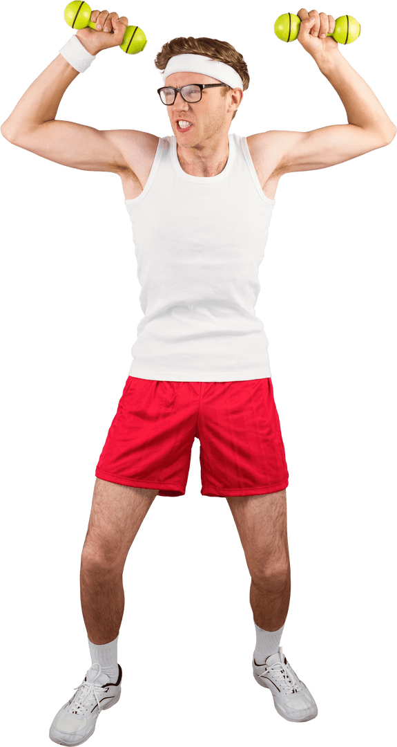 Retro Geek Exercising with Transparent Dumbbells and Classic Sportswear