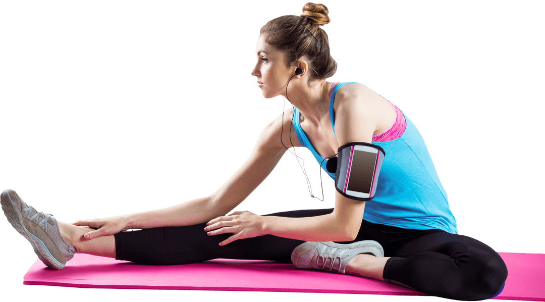 Transparent Fitness Woman Stretching on Exercise Mat with Smartphone Armband
