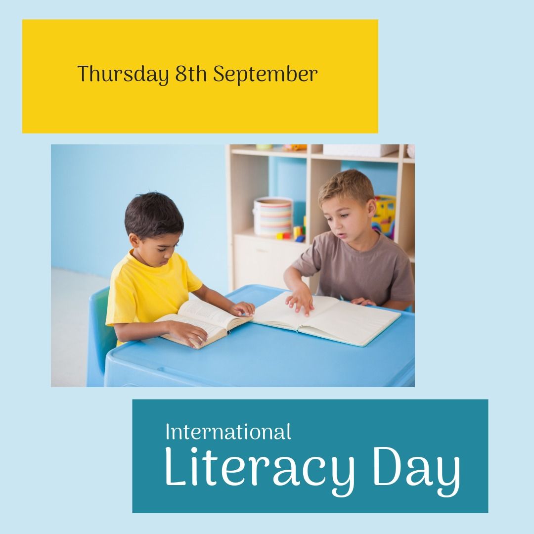 Digital image of multiracial boys reading books with international literacy day text, copy space - Download Free Stock Templates Pikwizard.com