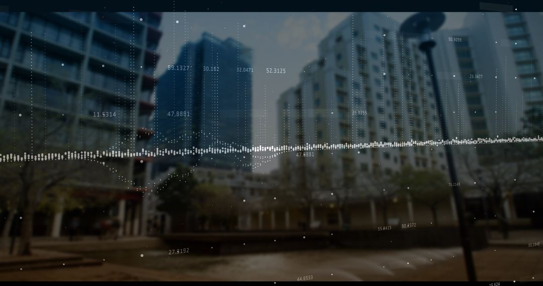 Digital Waveform Overlay in Modern Urban Cityscape