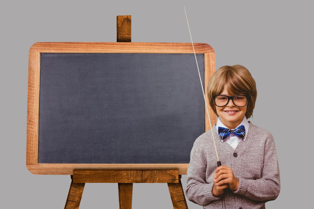 Portrait of smiling boy standing by blackboard against gray background - Free Images, Stock Photos and Pictures on Pikwizard.com